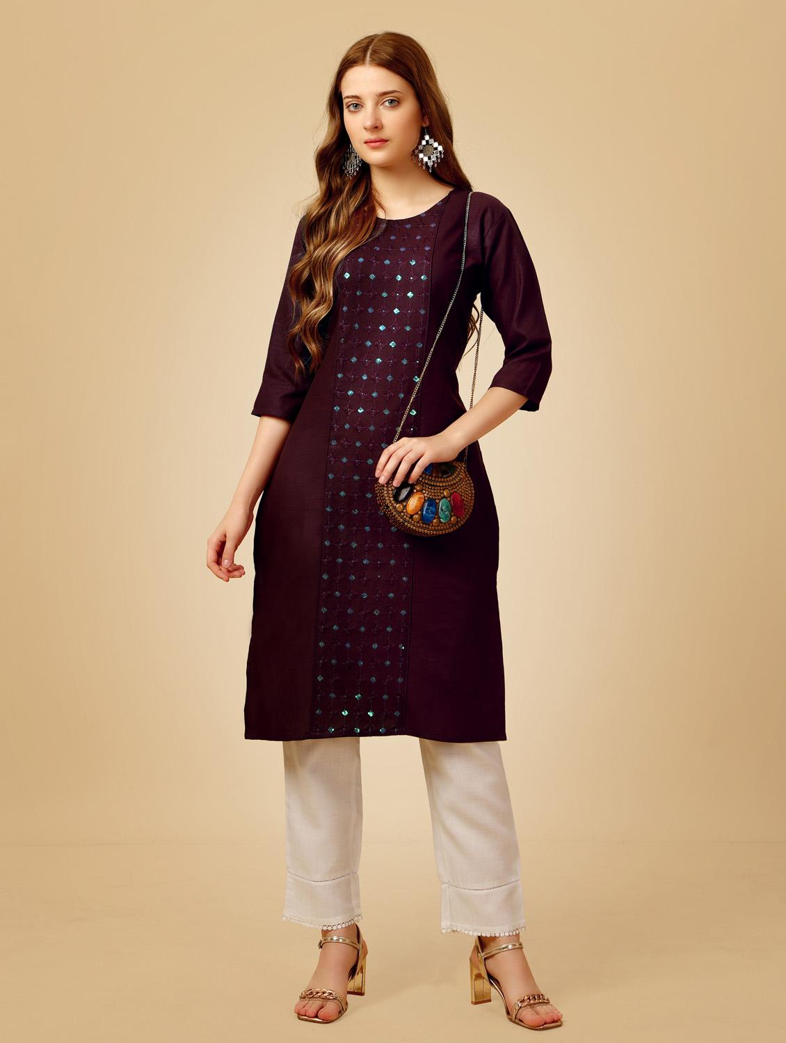 purple three quarter sleeve kurta pant set - 20615251 - Standard Image - 3