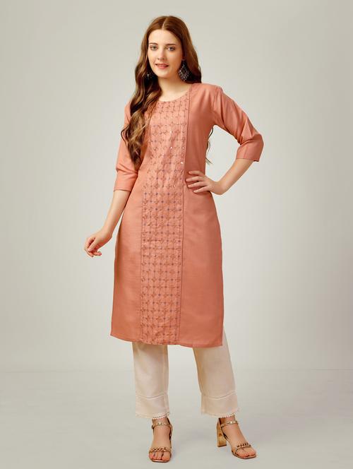 peach three quarter sleeve kurta pant set - 20615253 -  Standard Image - 0