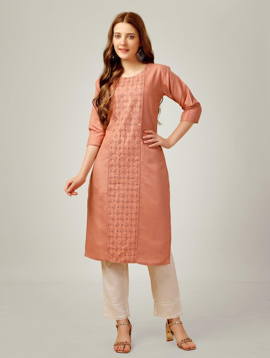 peach three quarter sleeve kurta pant set - 20615253 -  Zoom Image - 0
