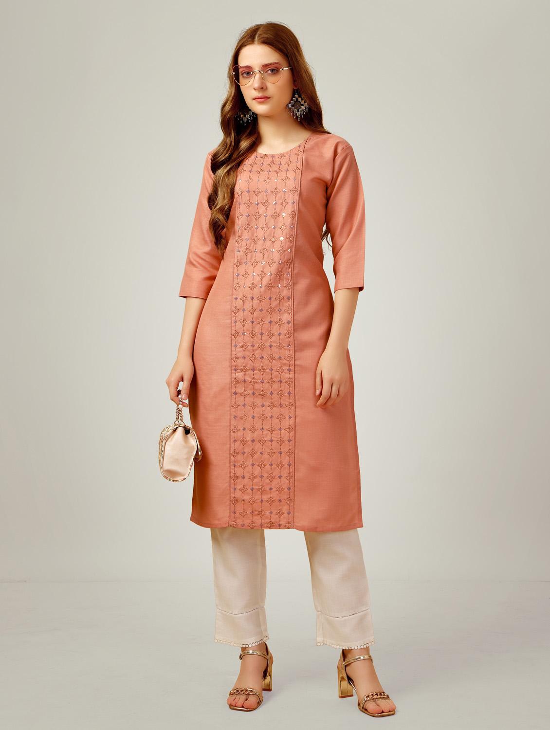 peach three quarter sleeve kurta pant set - 20615253 - Standard Image - 3