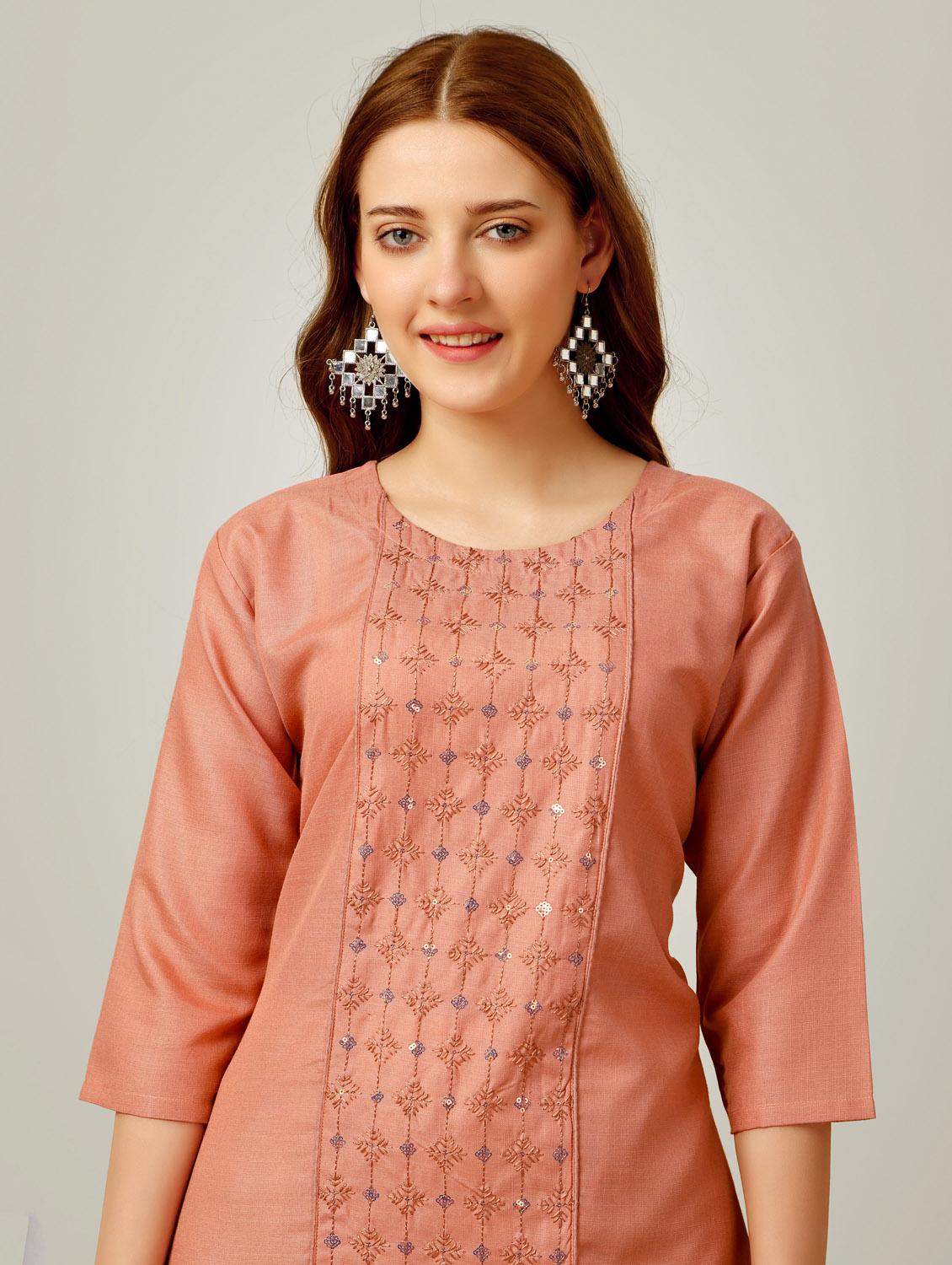 peach three quarter sleeve kurta pant set - 20615253 - Standard Image - 5