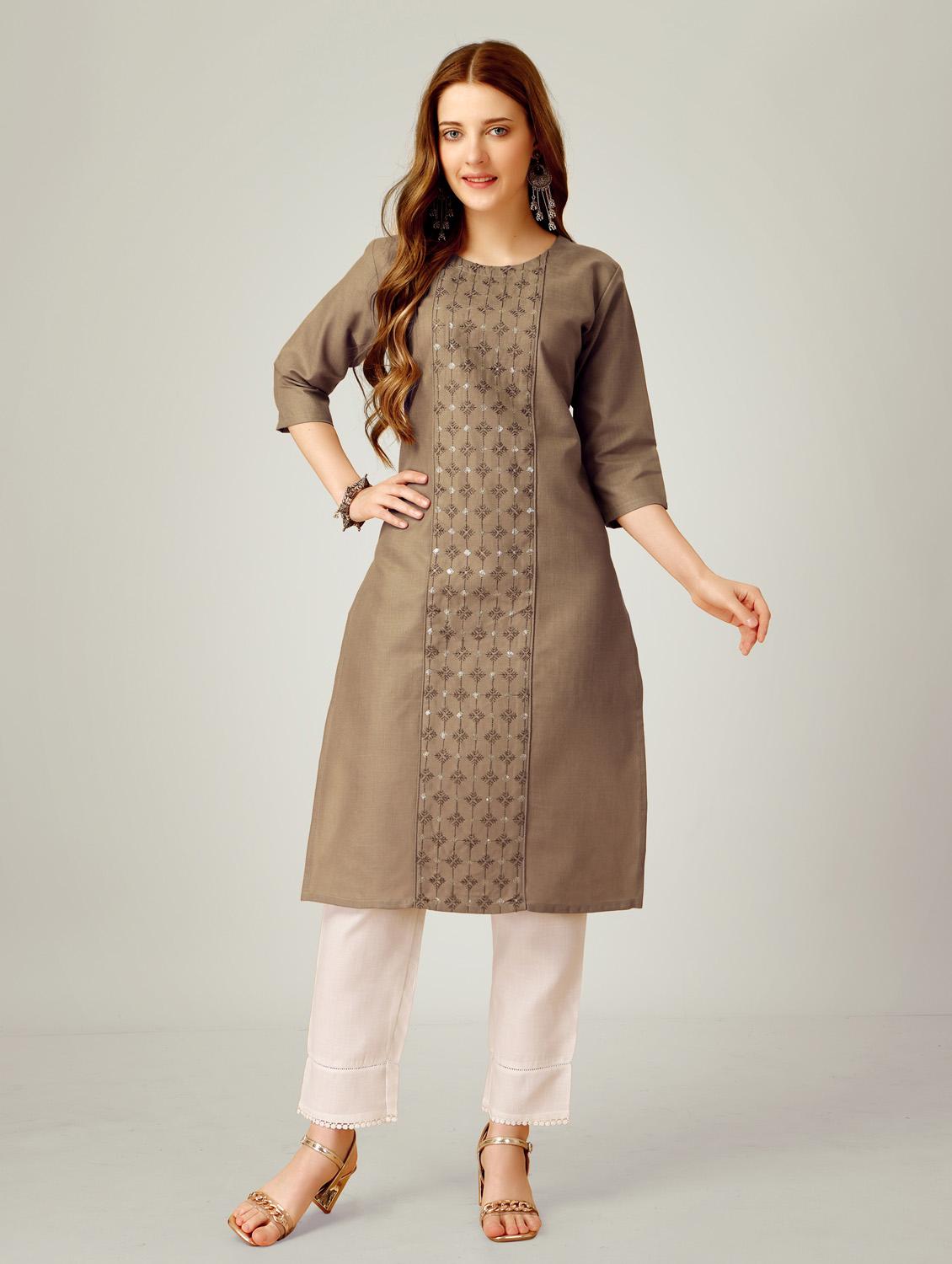 women khaki round neck kurta pant set - 20615254 - Zoom Image - 0