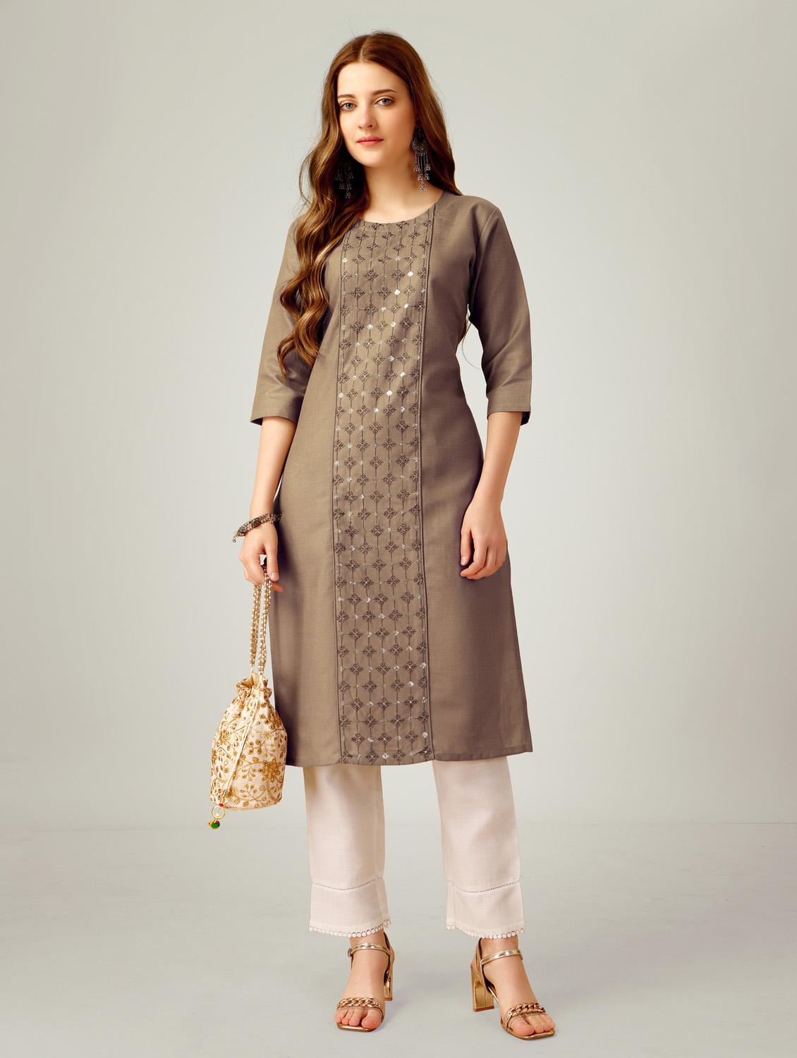 women khaki round neck kurta pant set - 20615254 - Standard Image - 3