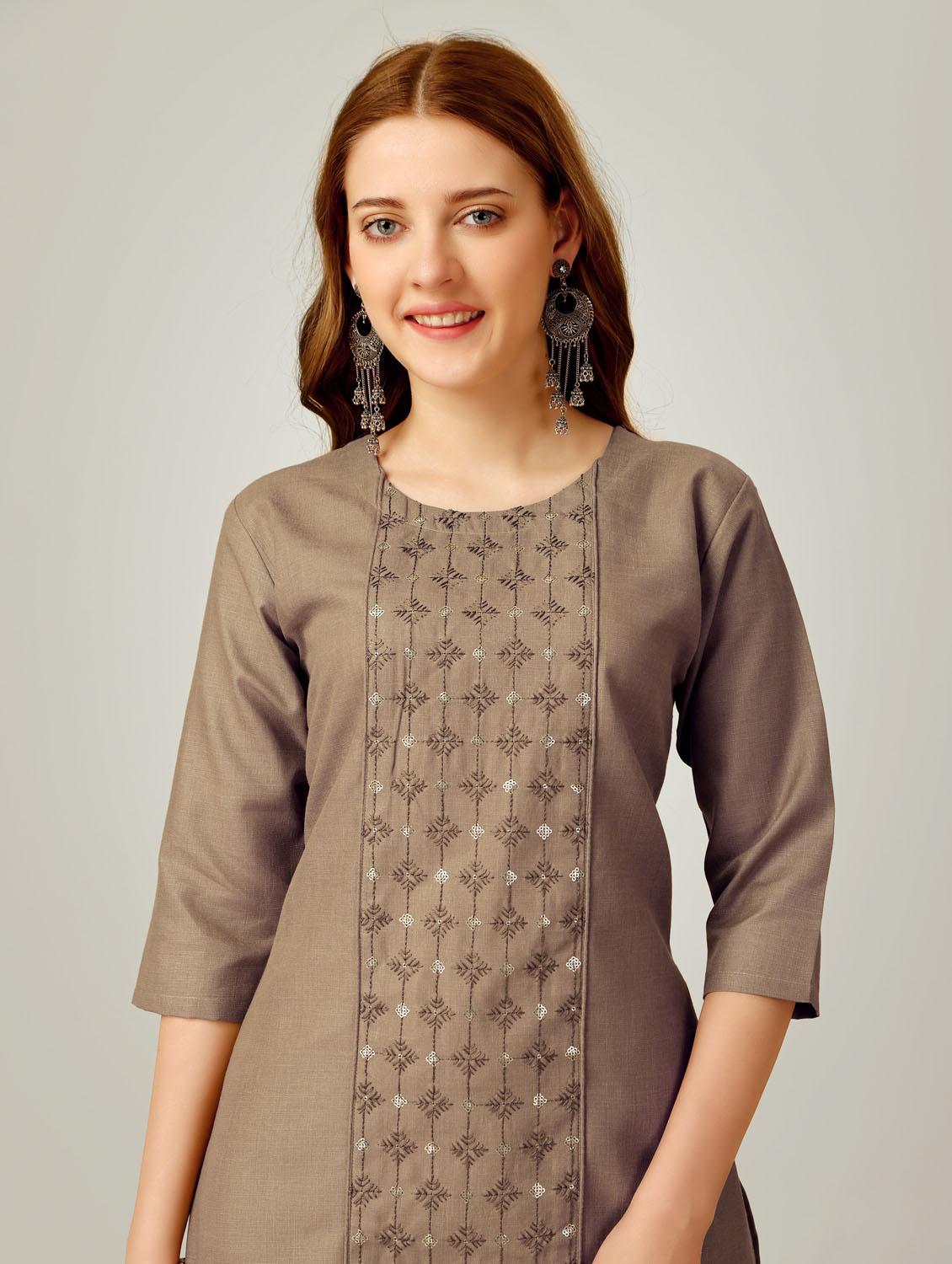 women khaki round neck kurta pant set - 20615254 - Standard Image - 5