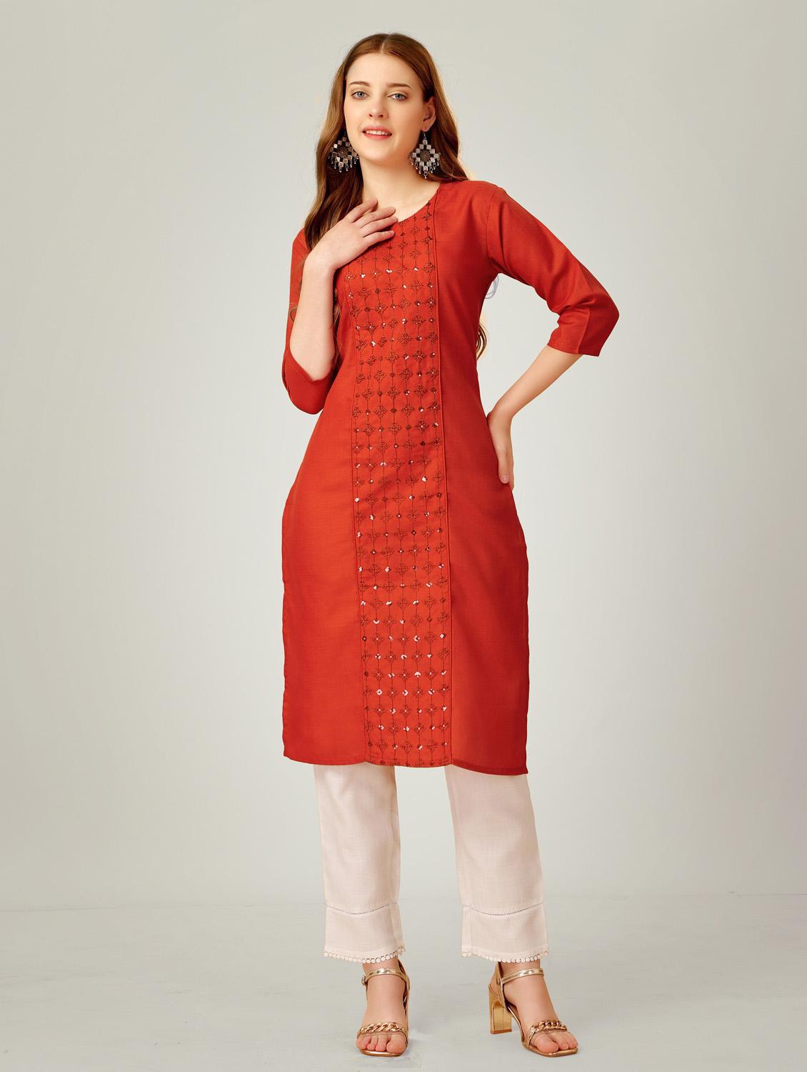 women red round neck kurta pant set - 20615256 - Zoom Image - 0
