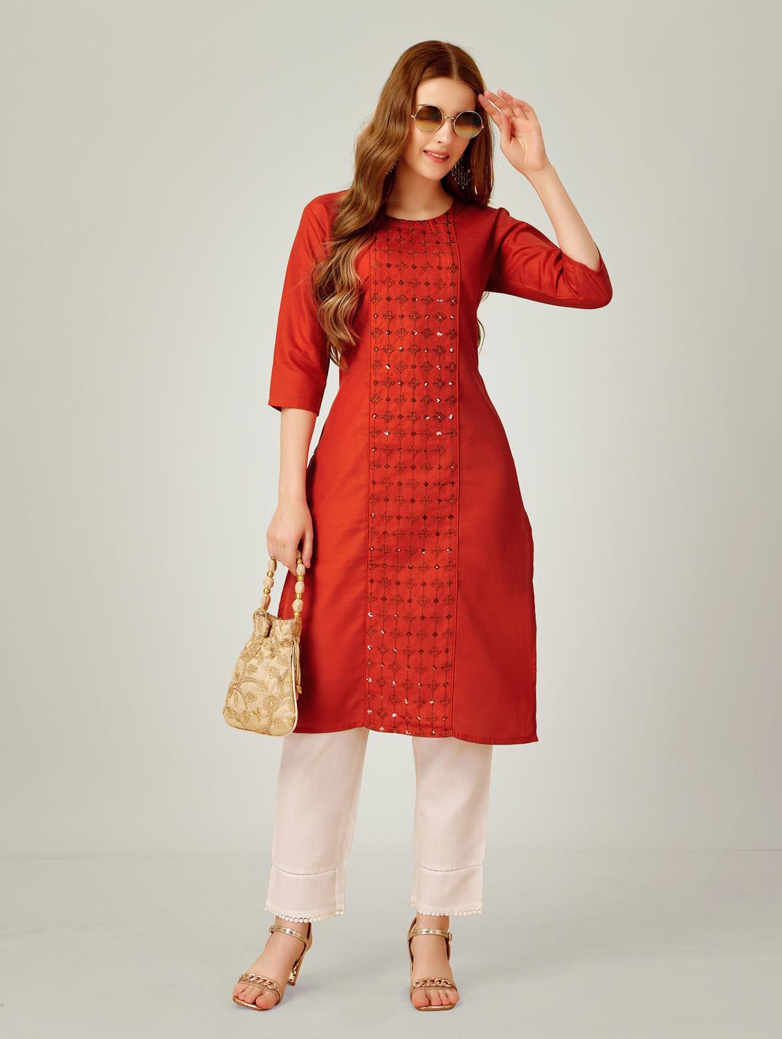 women red round neck kurta pant set - 20615256 - Standard Image - 3