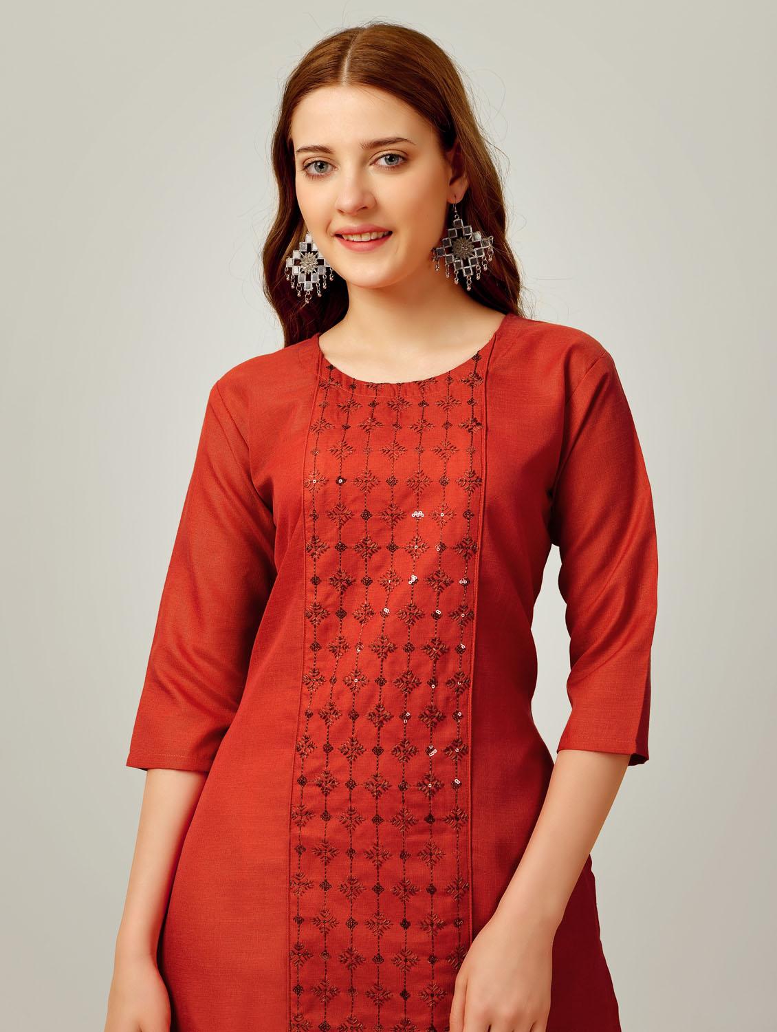 women red round neck kurta pant set - 20615256 - Standard Image - 5