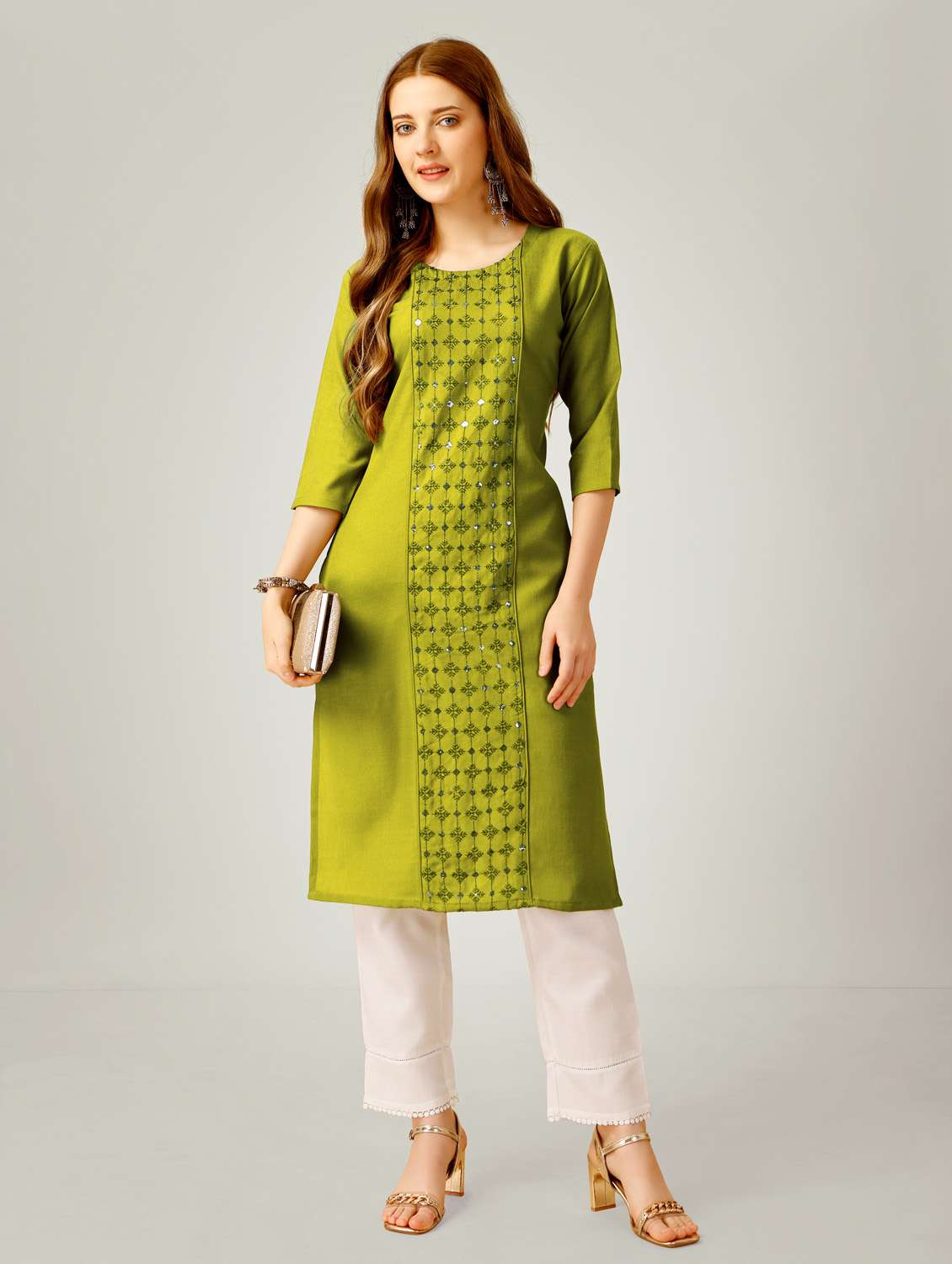 green three quarter sleeve kurta pant set - 20615257 - Standard Image - 3