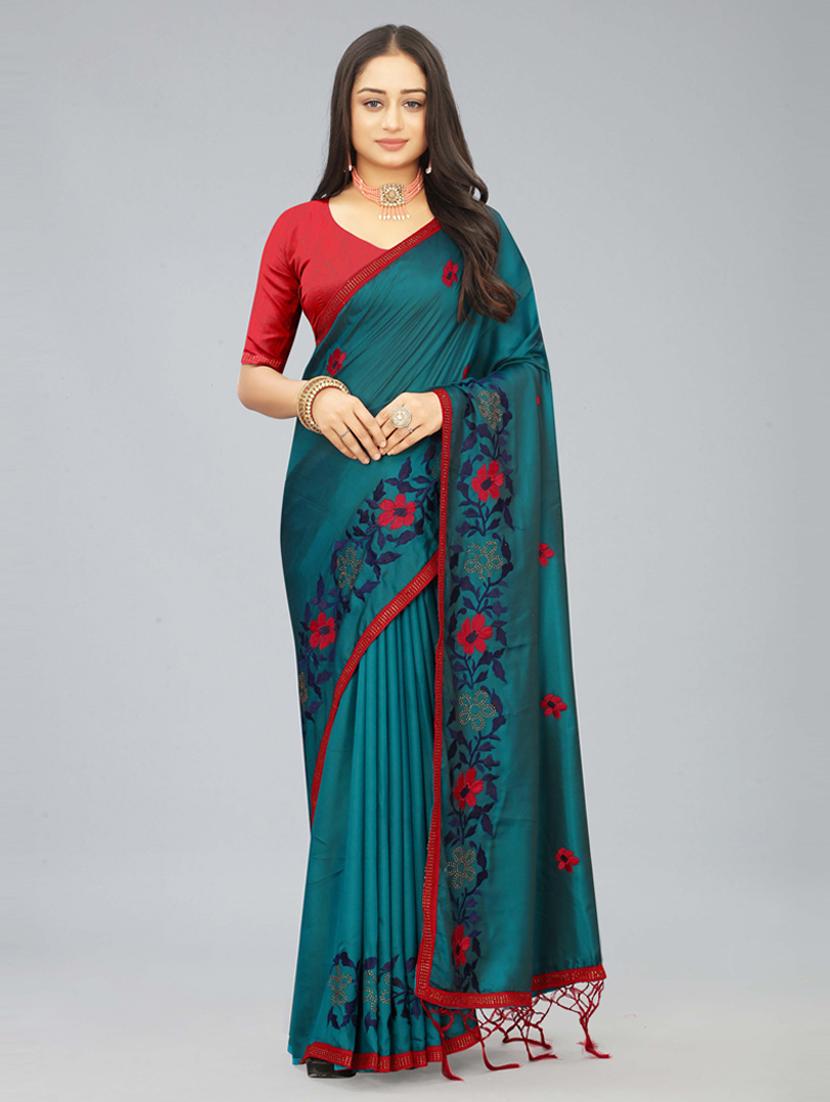 women teal embroidered saree with blouse - 20620517 - Zoom Image - 0