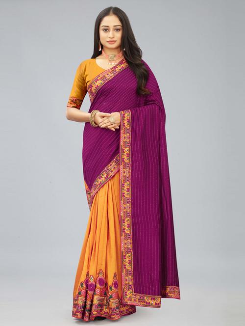 purple & mustard half & half saree with blouse - 20620533 - Standard Image - 0