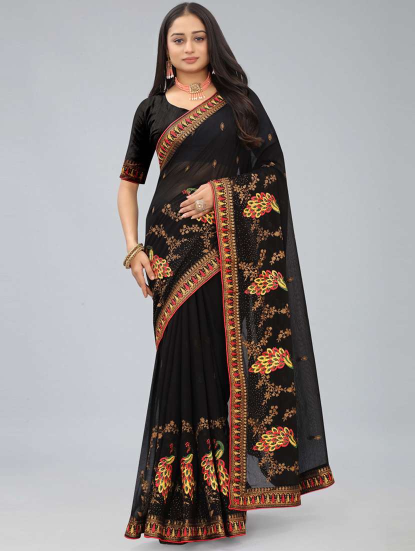 women black embroidered saree with blouse - 20620539 - Zoom Image - 0