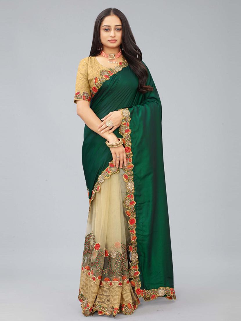 women green embroidered lace work saree with blouse - 20620546 - Zoom Image - 0
