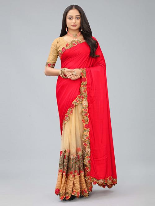 red & beige half & half saree with blouse - 20620548 - Standard Image - 0