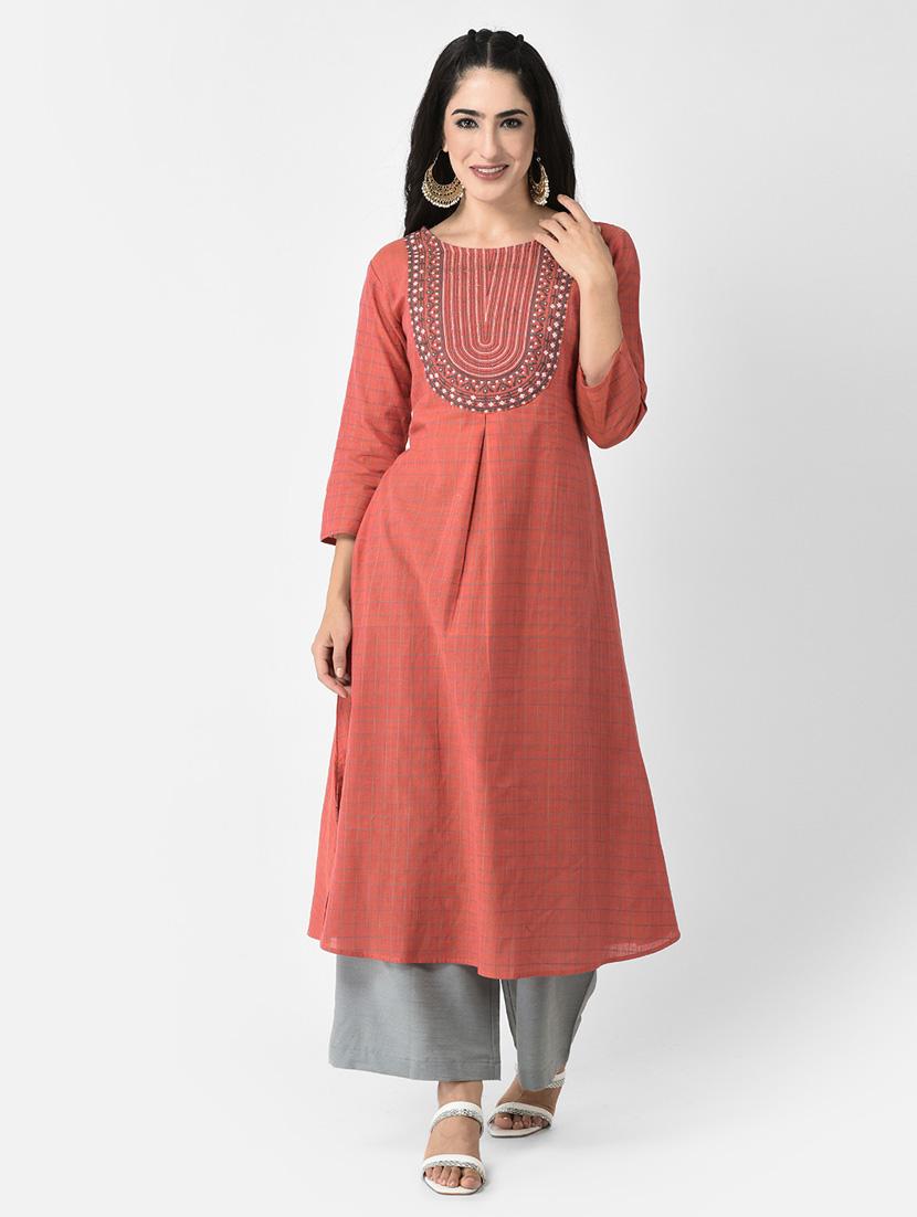 red three quarter sleeve a-line kurta - 20620634 -  Zoom Image - 0