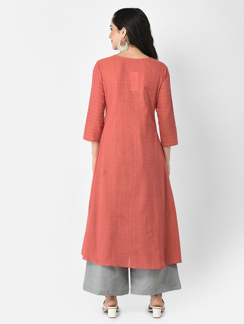 red three quarter sleeve a-line kurta - 20620634 - Standard Image - 3