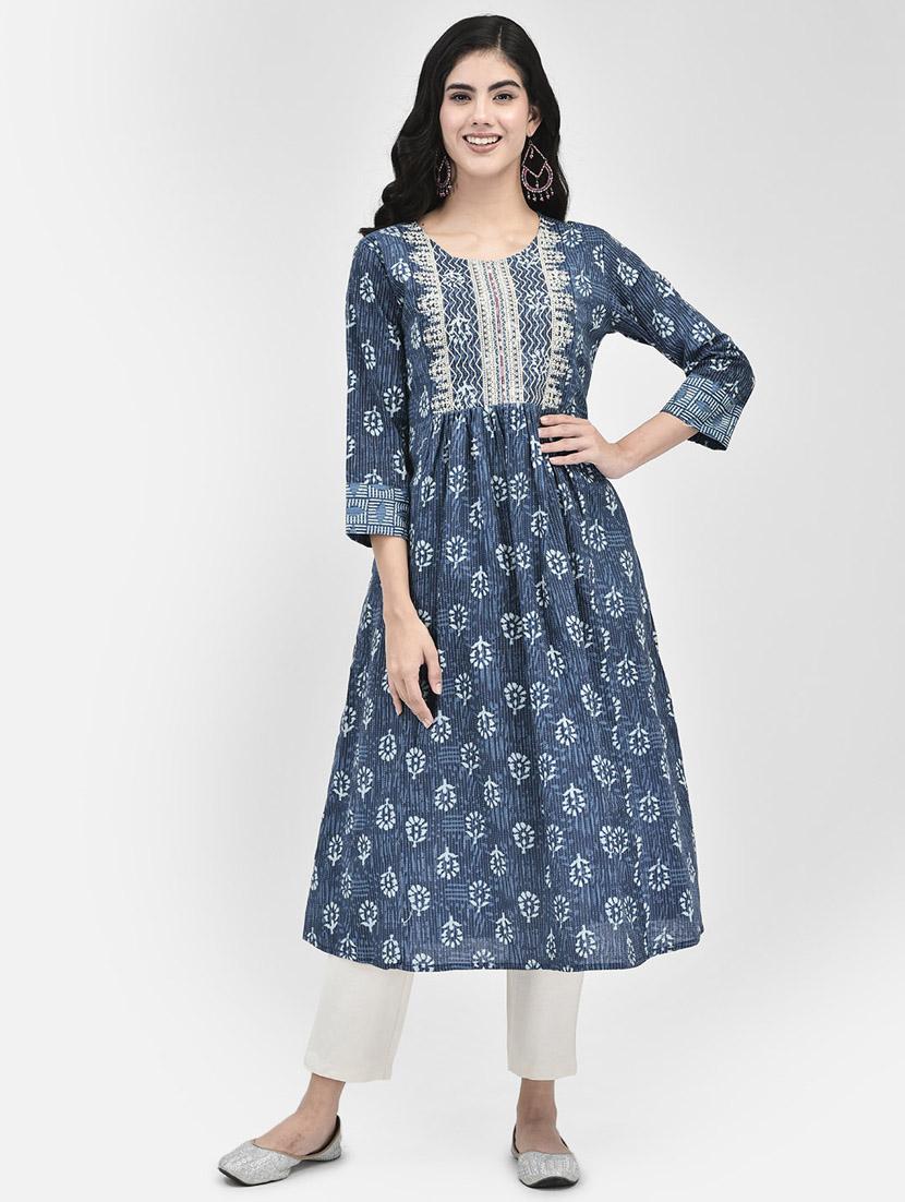 navy blue three quarter sleeve a-line kurta - 20620643 - Zoom Image - 0