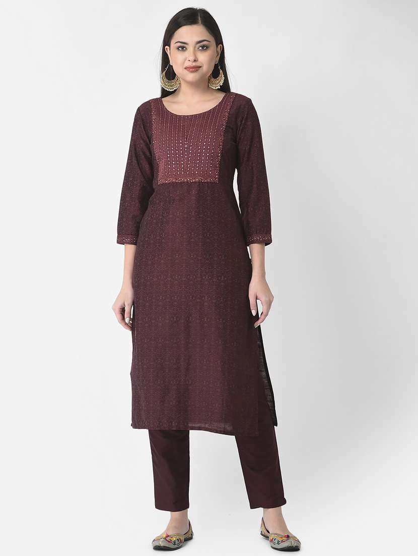 women burgundy round neck straight kurta