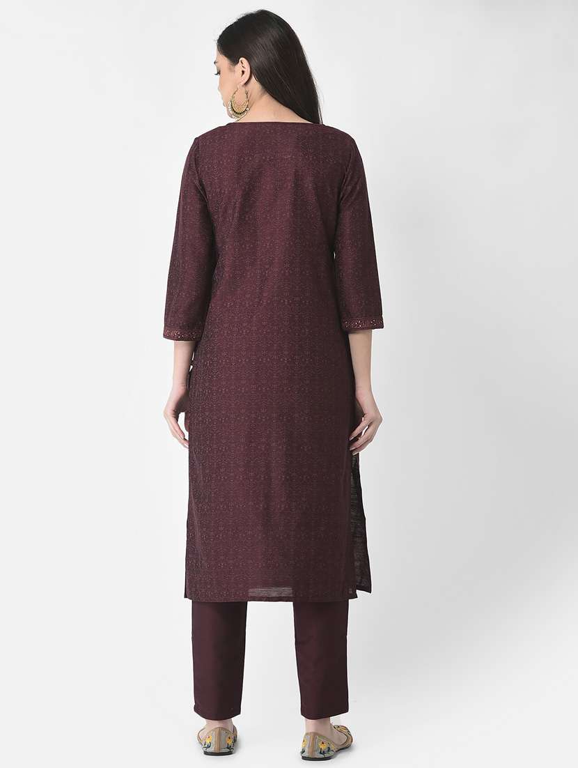women burgundy round neck straight kurta - 20621614 -  Standard Image - 3