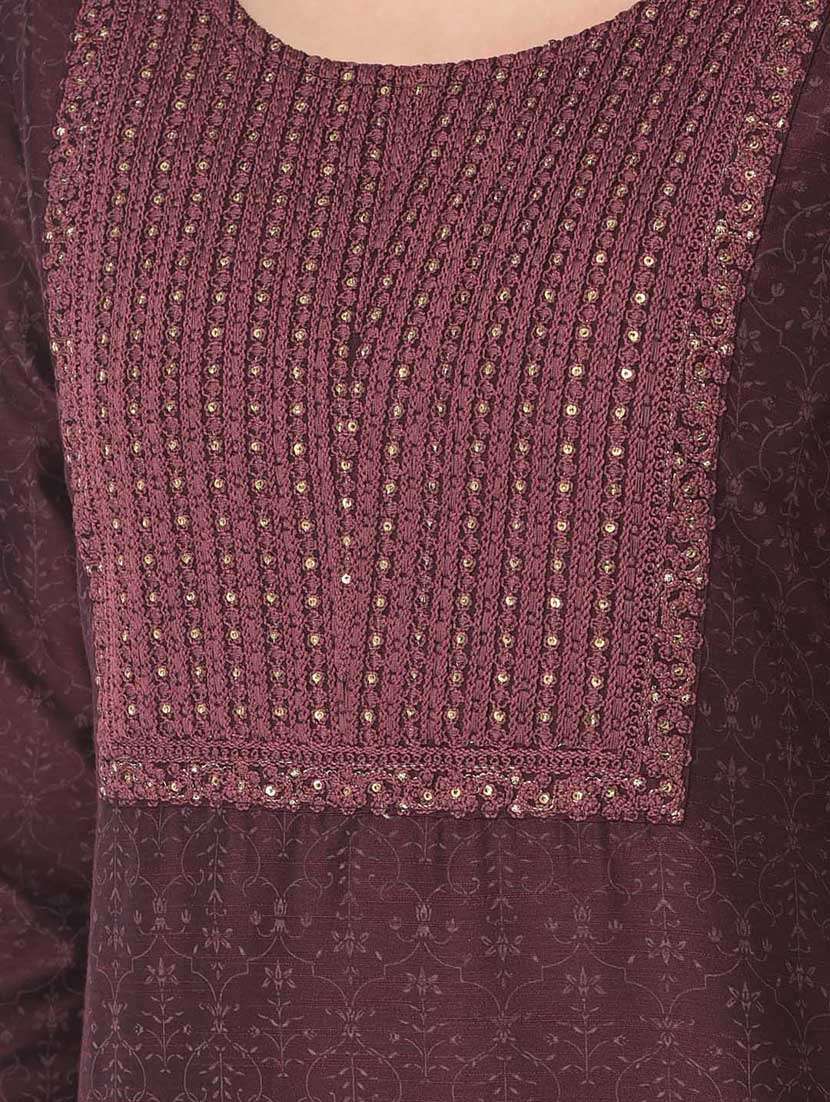 women burgundy round neck straight kurta - 20621614 -  Standard Image - 5