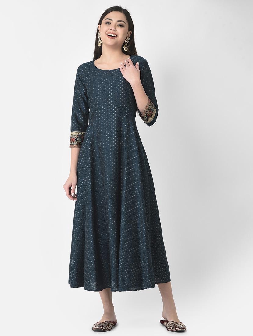 teal three quarter sleeve a-line kurta - 20621668 -  Zoom Image - 0