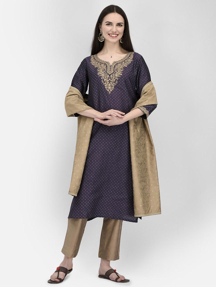 purple three quarter sleeve straight kurta