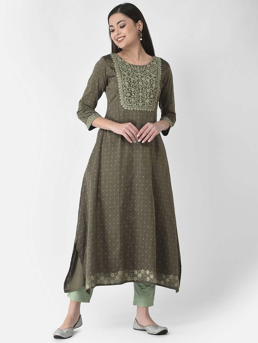 olive three quarter sleeve a-line kurta - 20621678 - Zoom Image - 0
