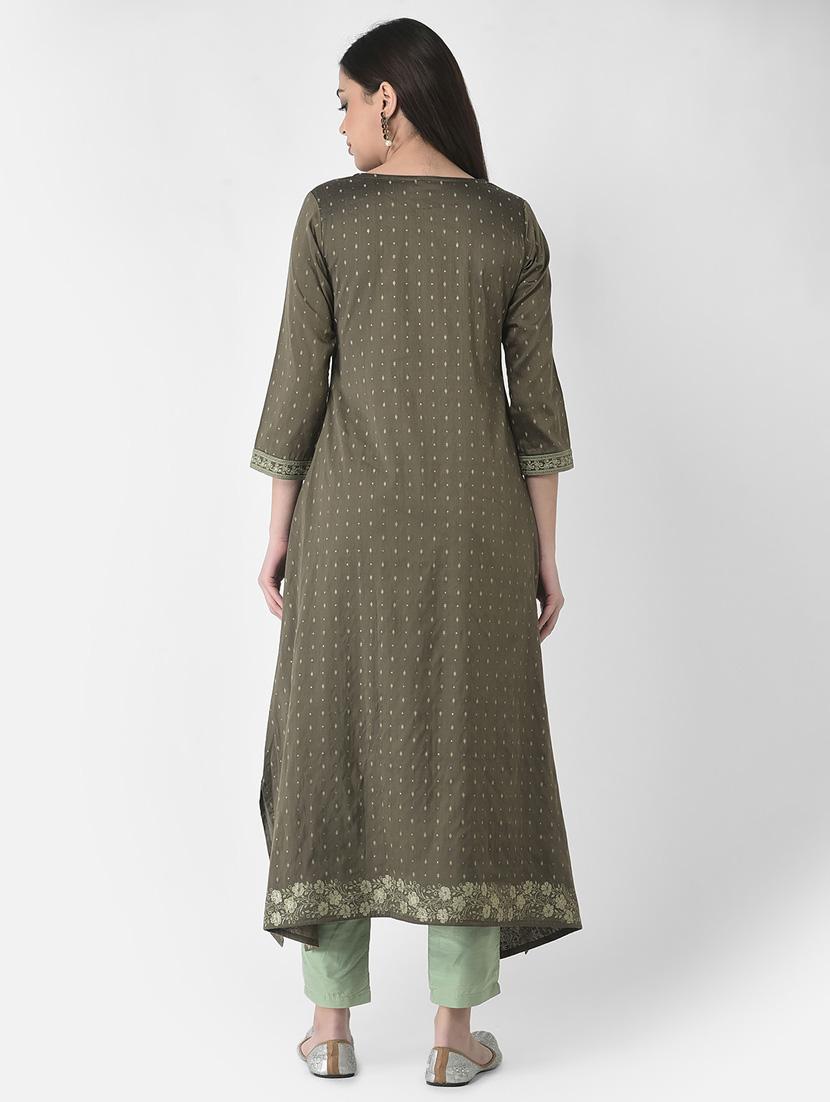 olive three quarter sleeve a-line kurta - 20621678 - Standard Image - 3