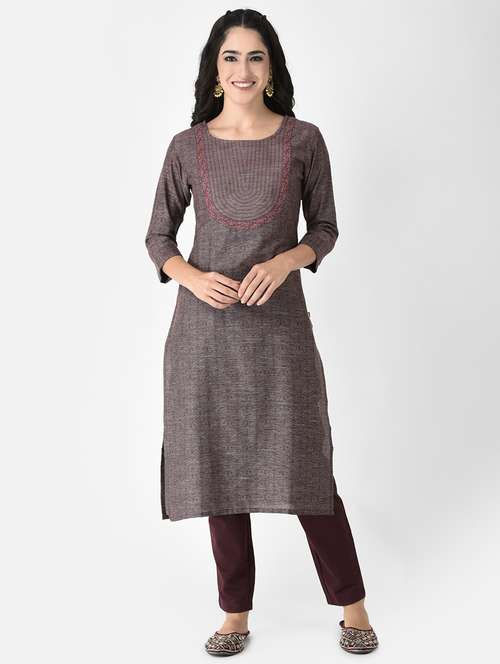 women grey round neck straight kurta - 20621704 - Standard Image - 0
