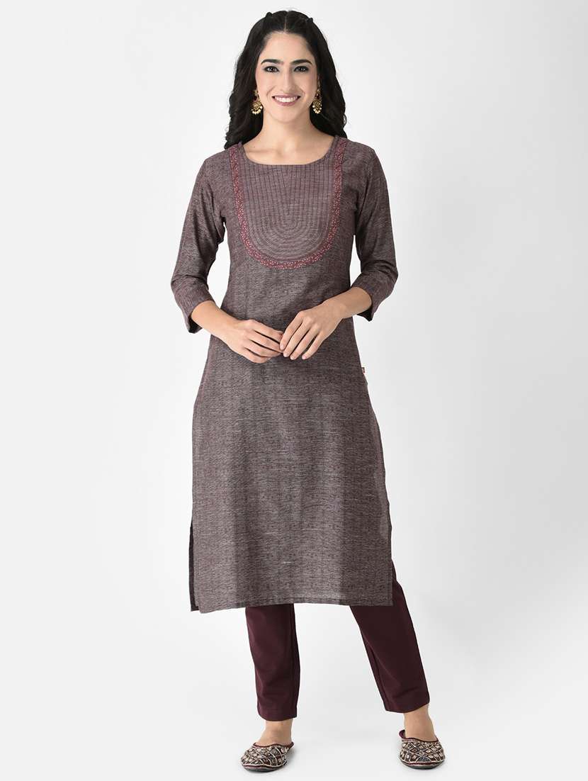 women grey round neck straight kurta - 20621704 - Zoom Image - 0