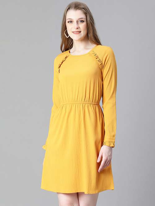 women solid yellow detailed a-line dress - 20622629 -  Standard Image - 0