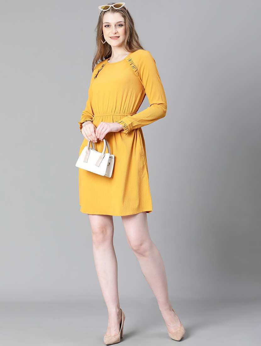 women solid yellow detailed a-line dress - 20622629 -  Standard Image - 3
