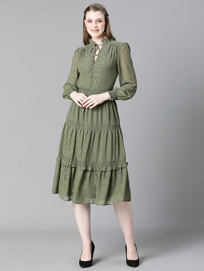 olive green self design tiered midi dress - 20622653 - Zoom Image - 0