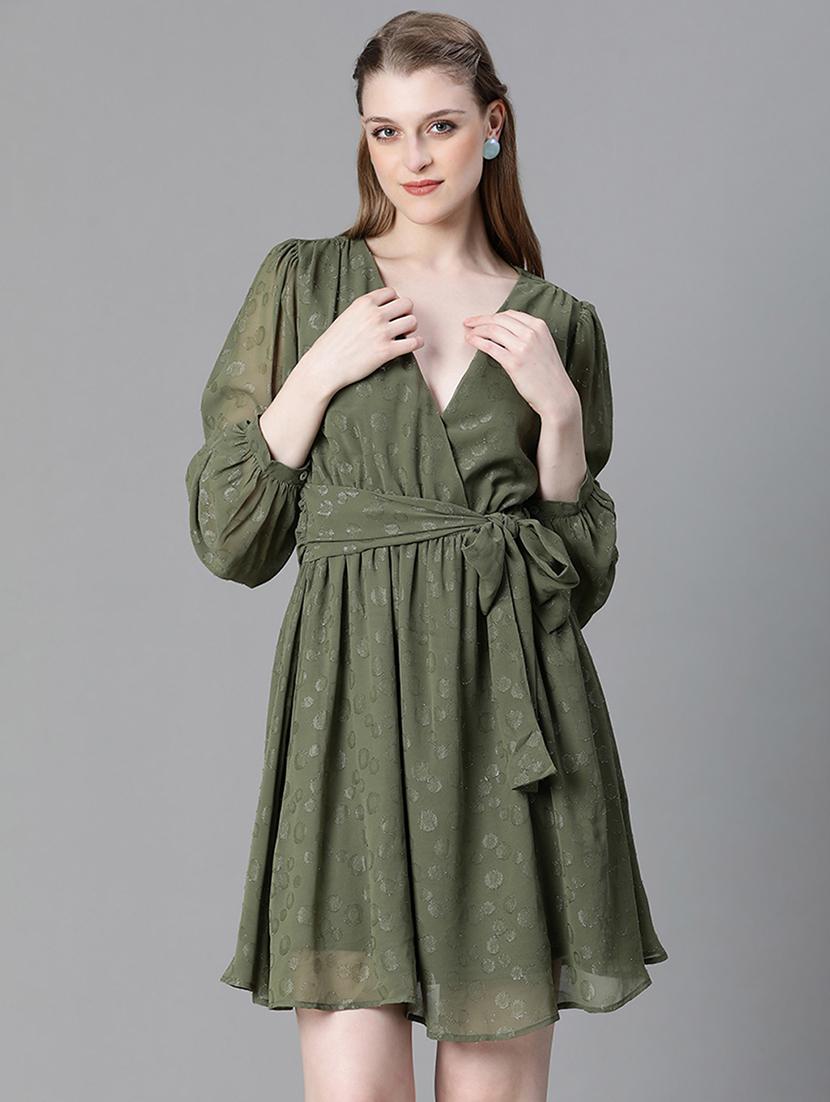 olive green self design belt detailed dress - 20622655 - Zoom Image - 0
