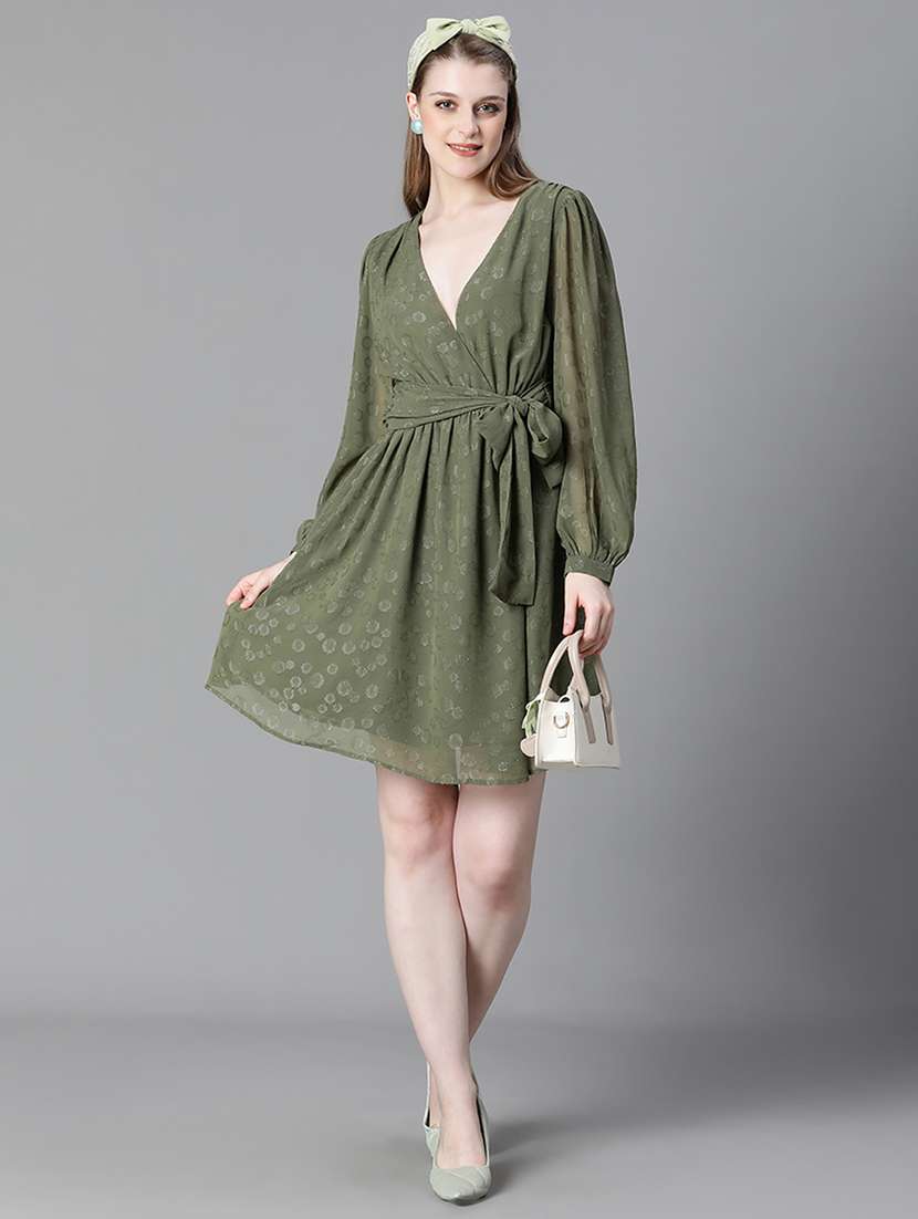 olive green self design belt detailed dress - 20622655 - Standard Image - 3