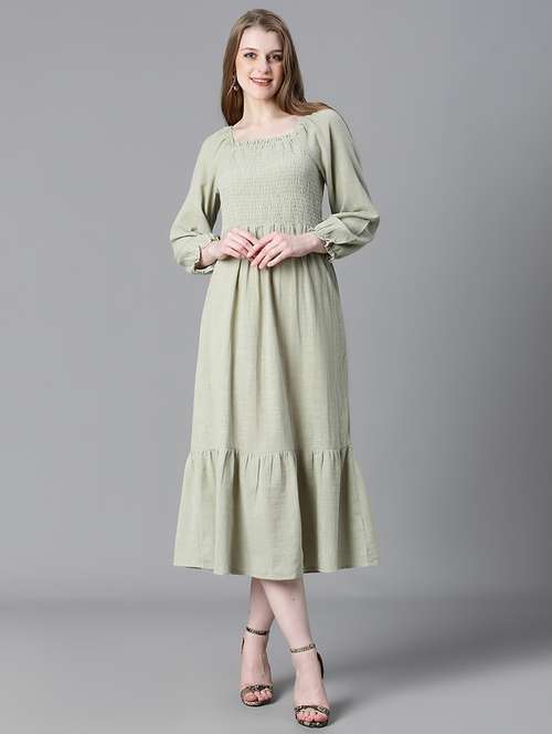 green smocked detailed a-line midi dress - 20622656 -  Standard Image - 0