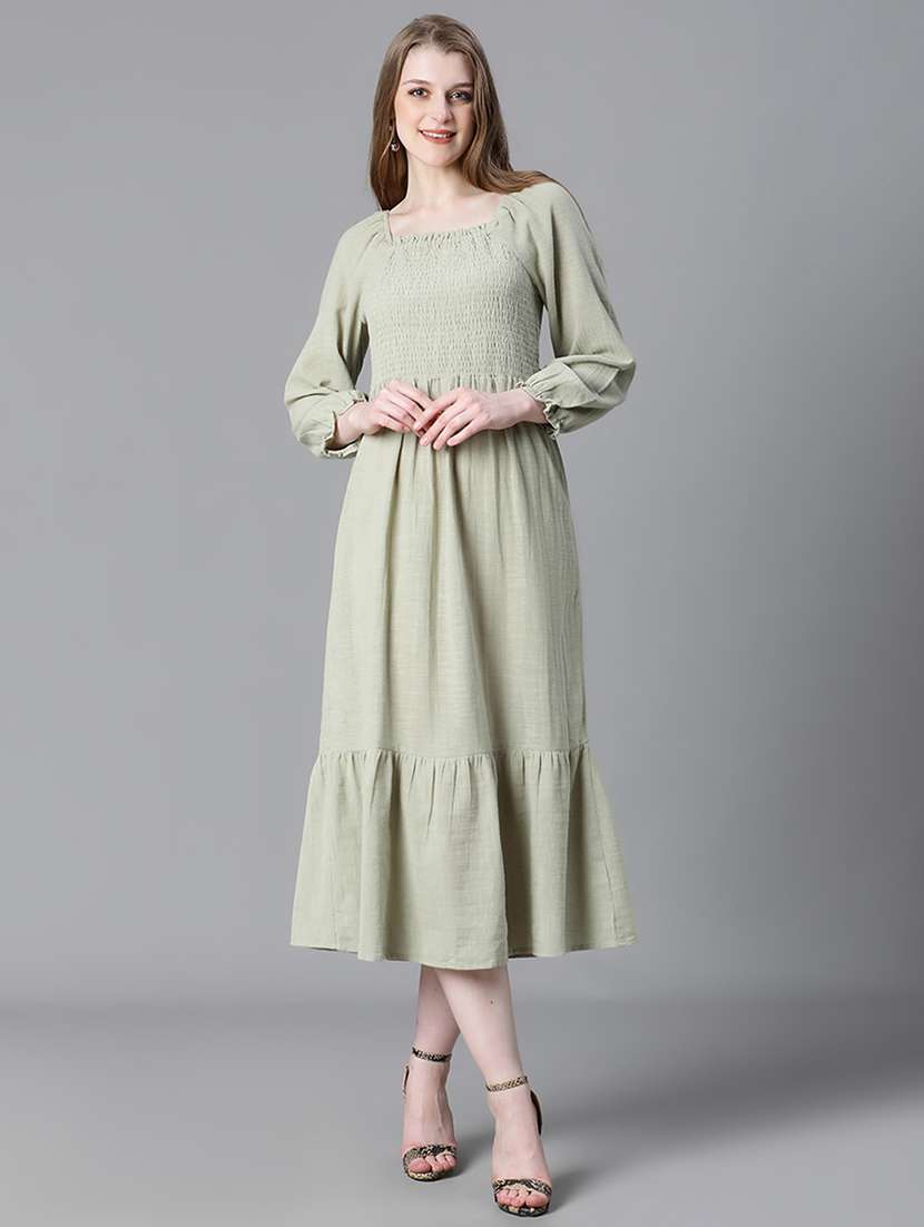 green smocked detailed a-line midi dress - 20622656 -  Zoom Image - 0