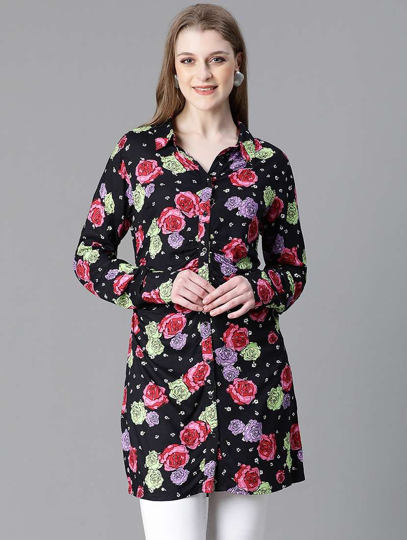 women floral print long sleeves collared shirt