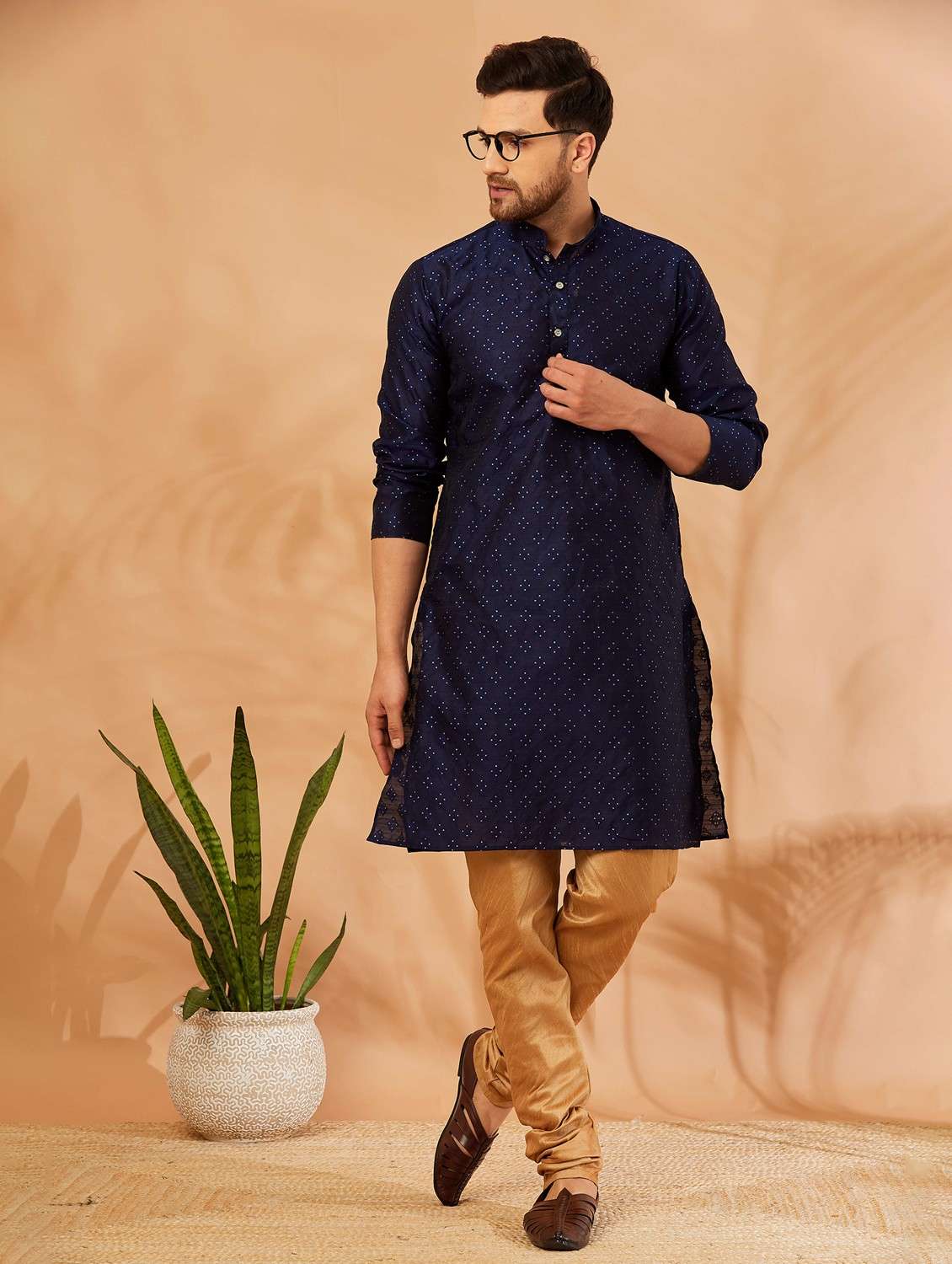 navy blue silk blend kurta pyjama ethnic wear set - 20625345 -  Zoom Image - 0