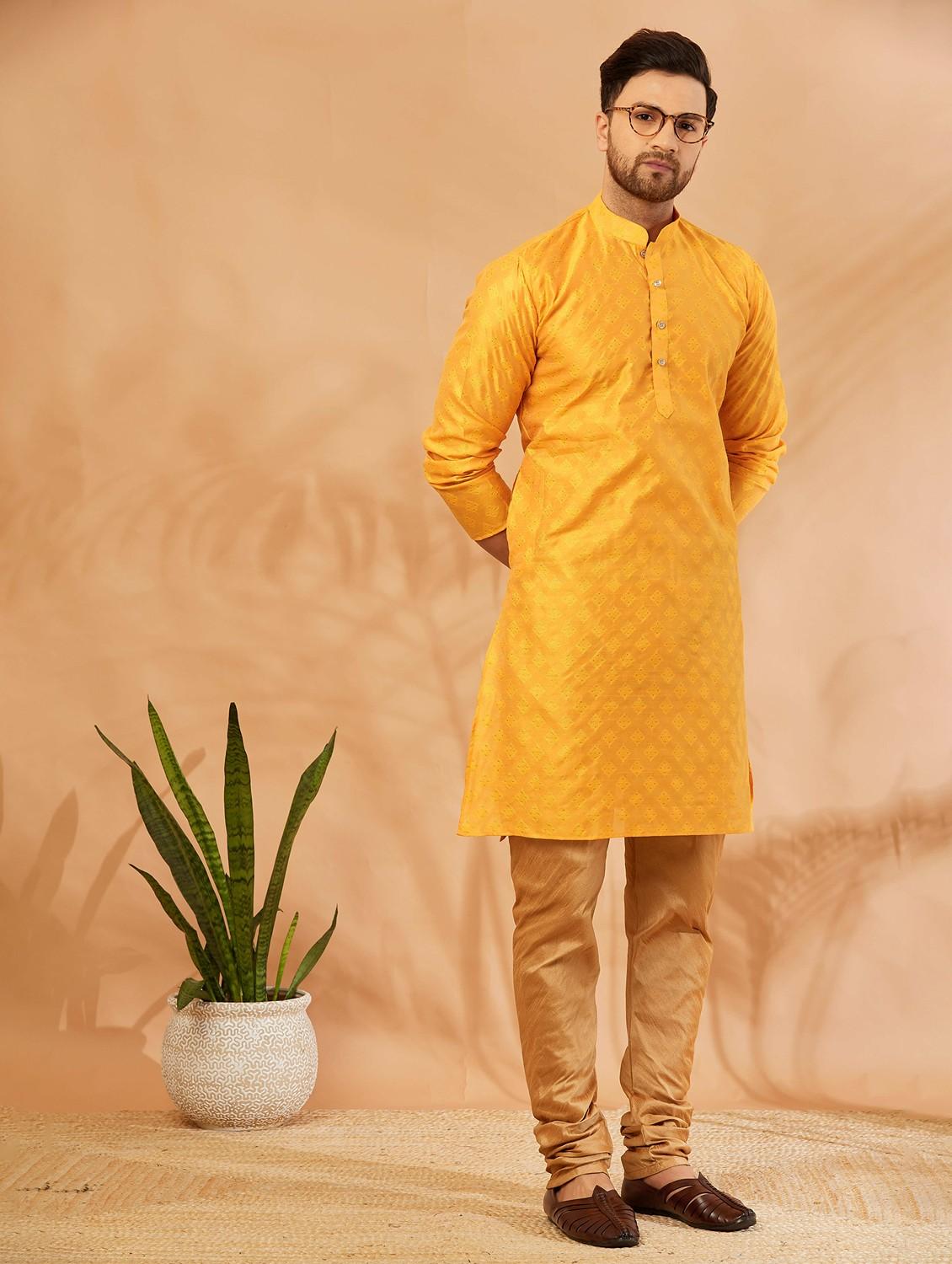 men mustard & gold self design kurta churidar set - 20625346 - Zoom Image - 0