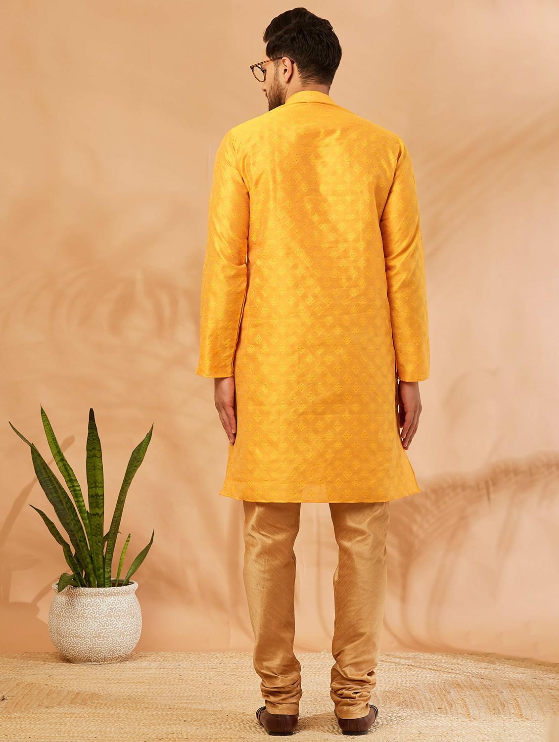 men mustard & gold self design kurta churidar set - 20625346 - Standard Image - 3