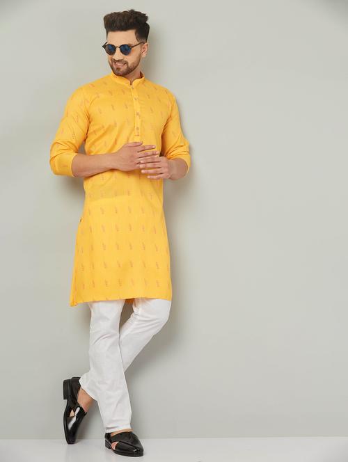 men yellow & white printed kurta pyjama set - 20625354 - Standard Image - 0