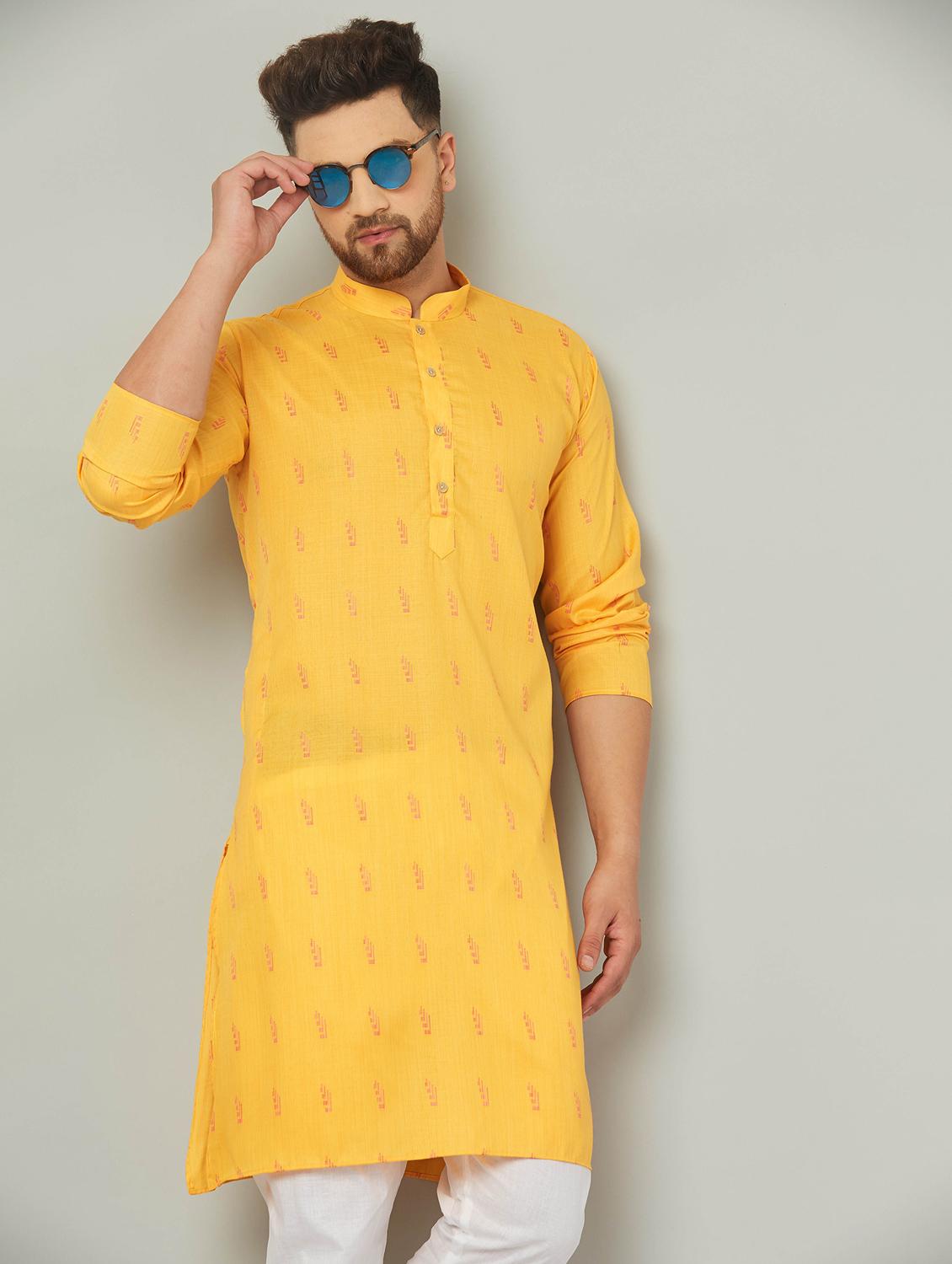 men yellow & white printed kurta pyjama set - 20625354 - Standard Image - 3