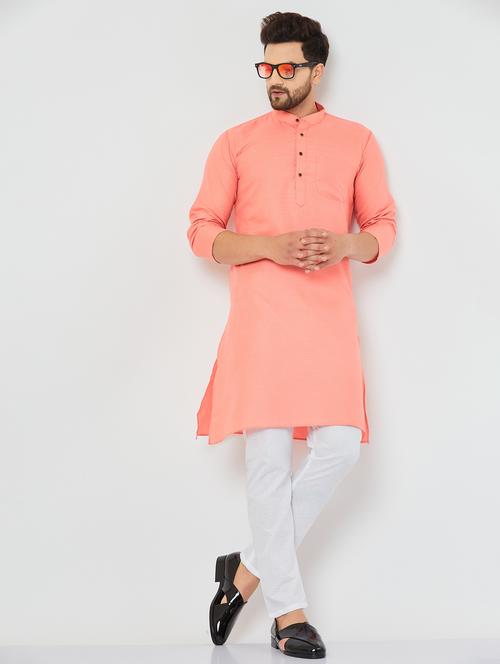 men light coral & white solid kurta pyjama set - 20625359 - Standard Image - 0