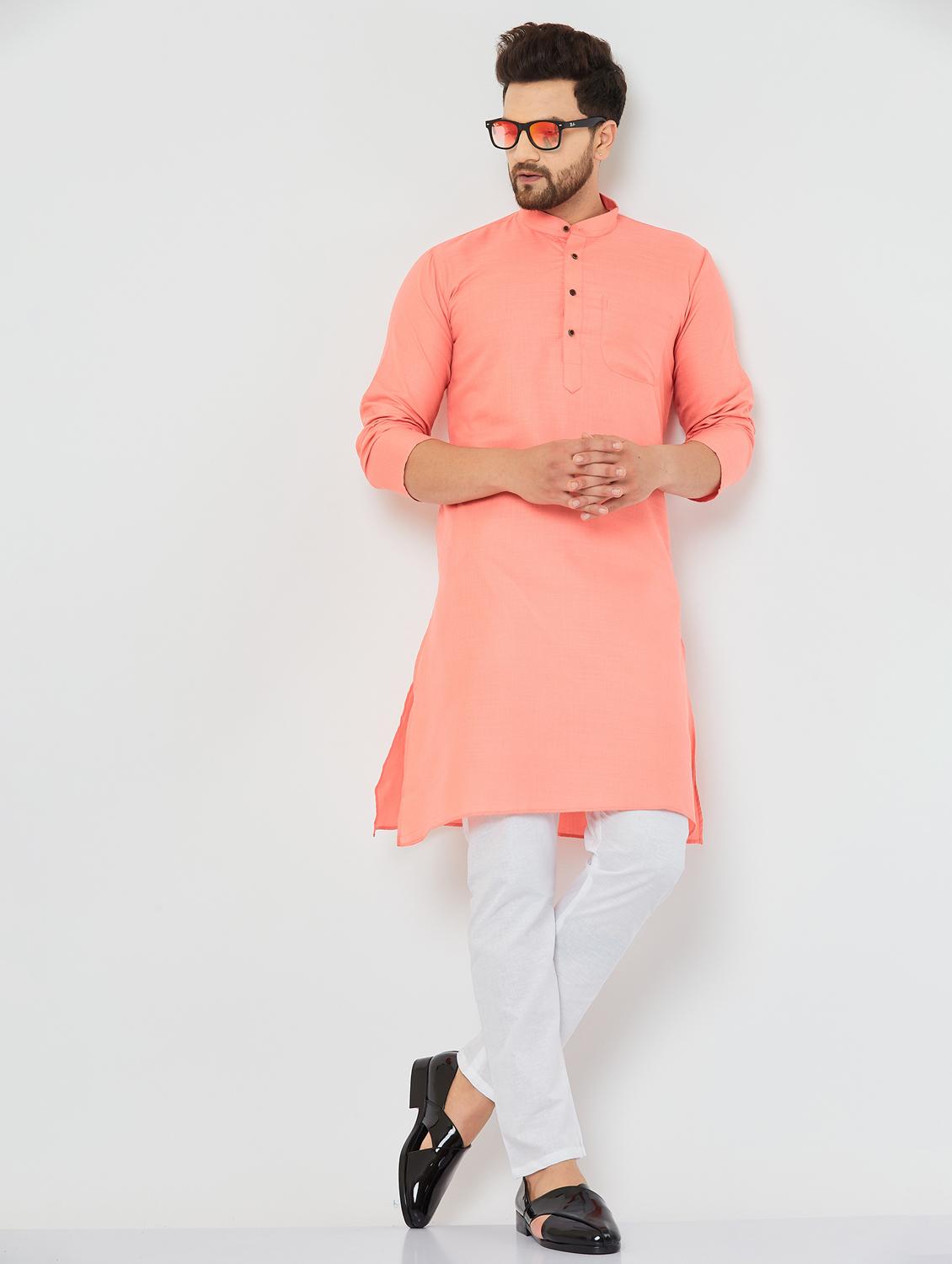 men light coral & white solid kurta pyjama set - 20625359 - Zoom Image - 0