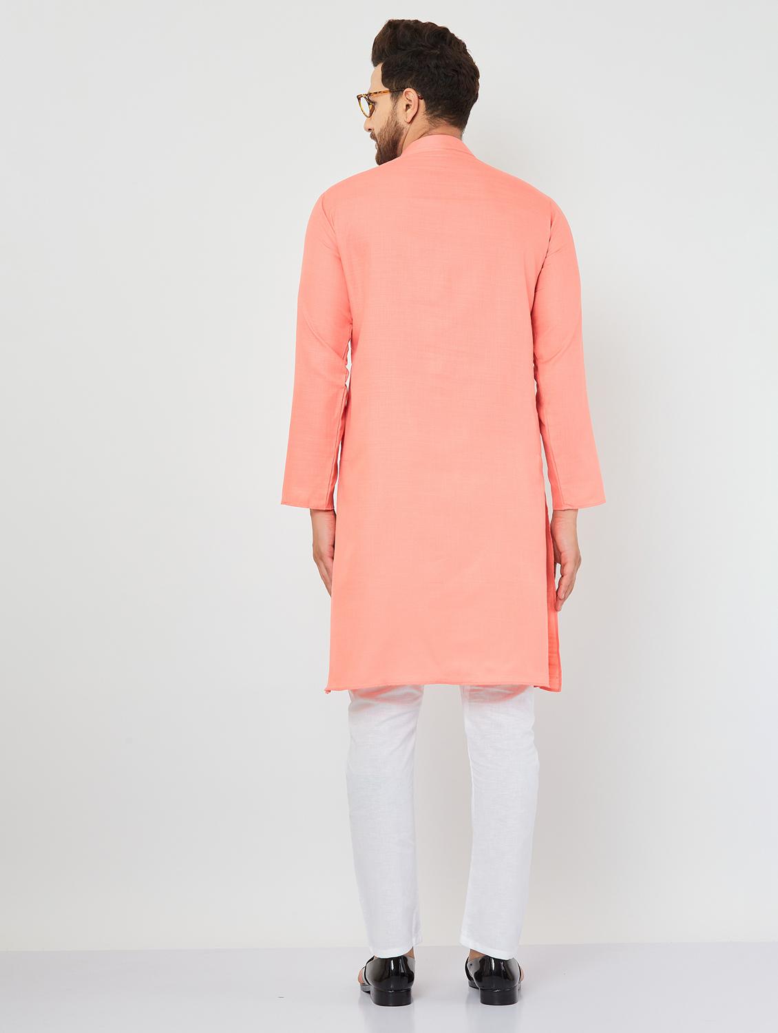 men light coral & white solid kurta pyjama set - 20625359 - Standard Image - 3