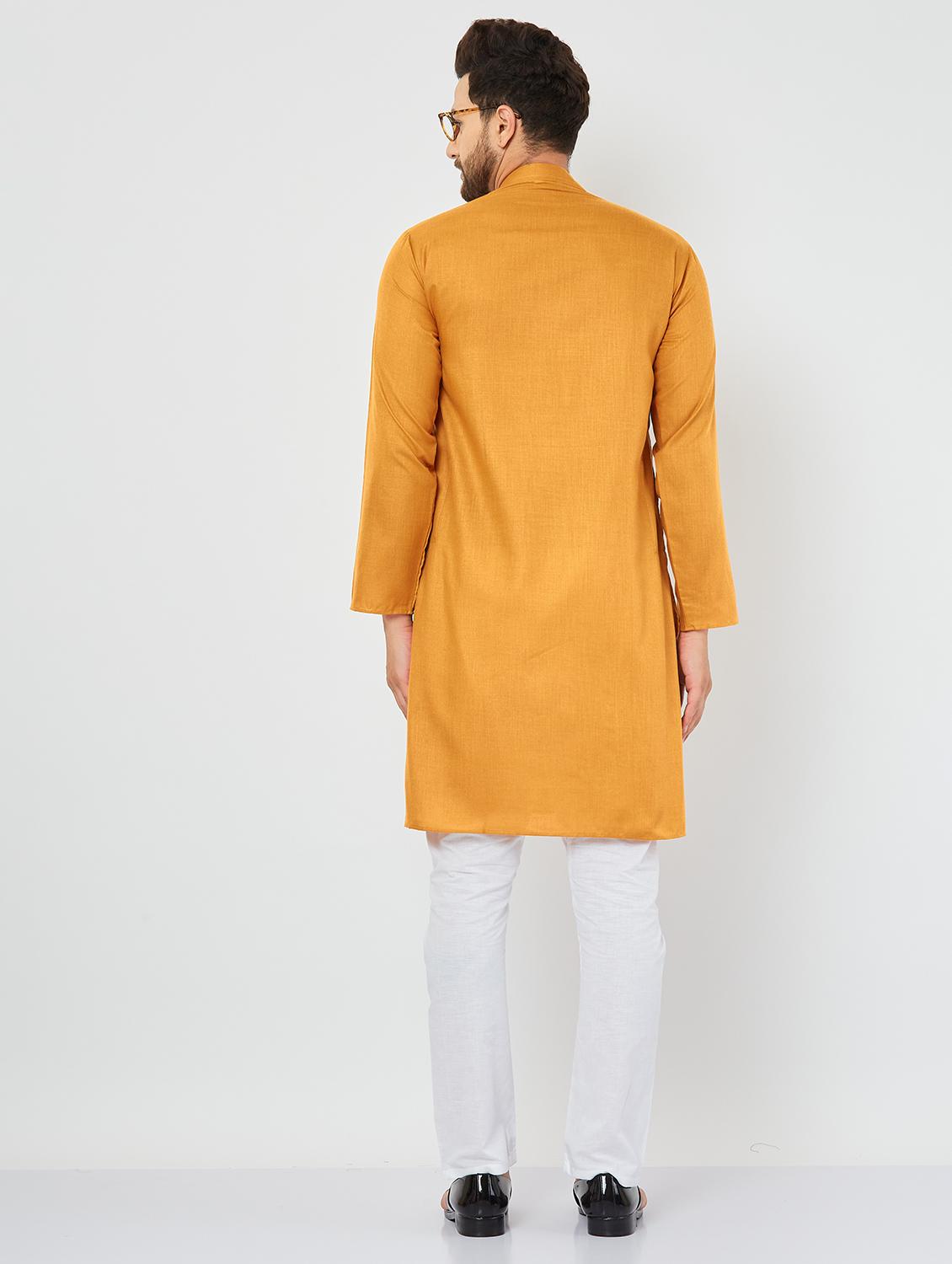 men mustard & white solid kurta pyjama set - 20625367 - Standard Image - 3