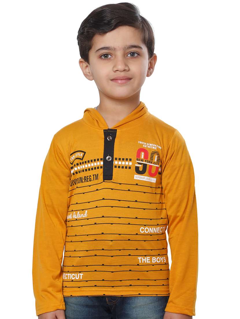 kids yellow typographic printed hooded t-shirt