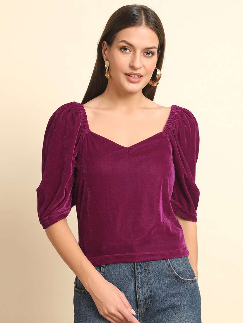 solid purple puff sleeves regular top