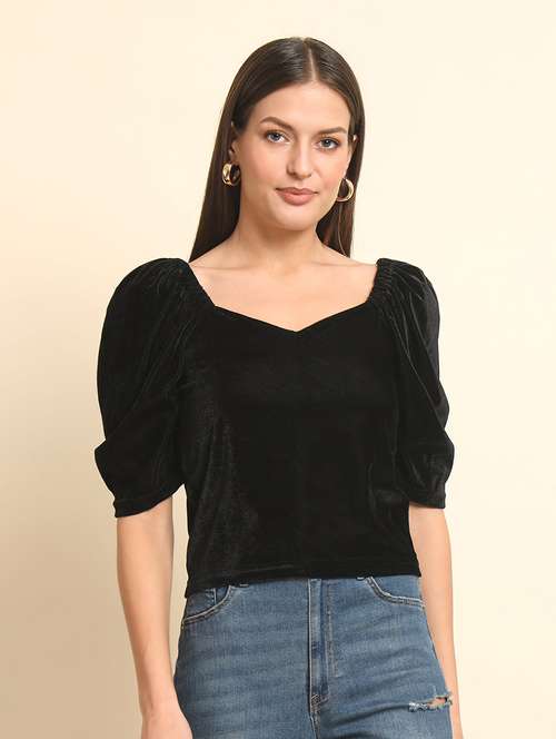 solid black puff sleeves regular top - 20627315 - Standard Image - 0