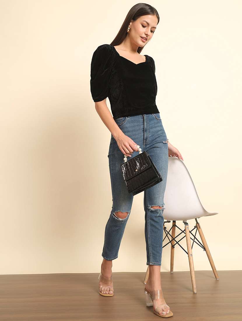 solid black puff sleeves regular top - 20627315 - Standard Image - 3